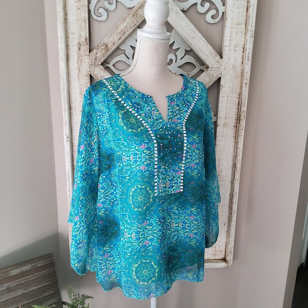 NY Collection Women's Flare Bell Sleeve Embellished Blouse Top in Floral Scroll